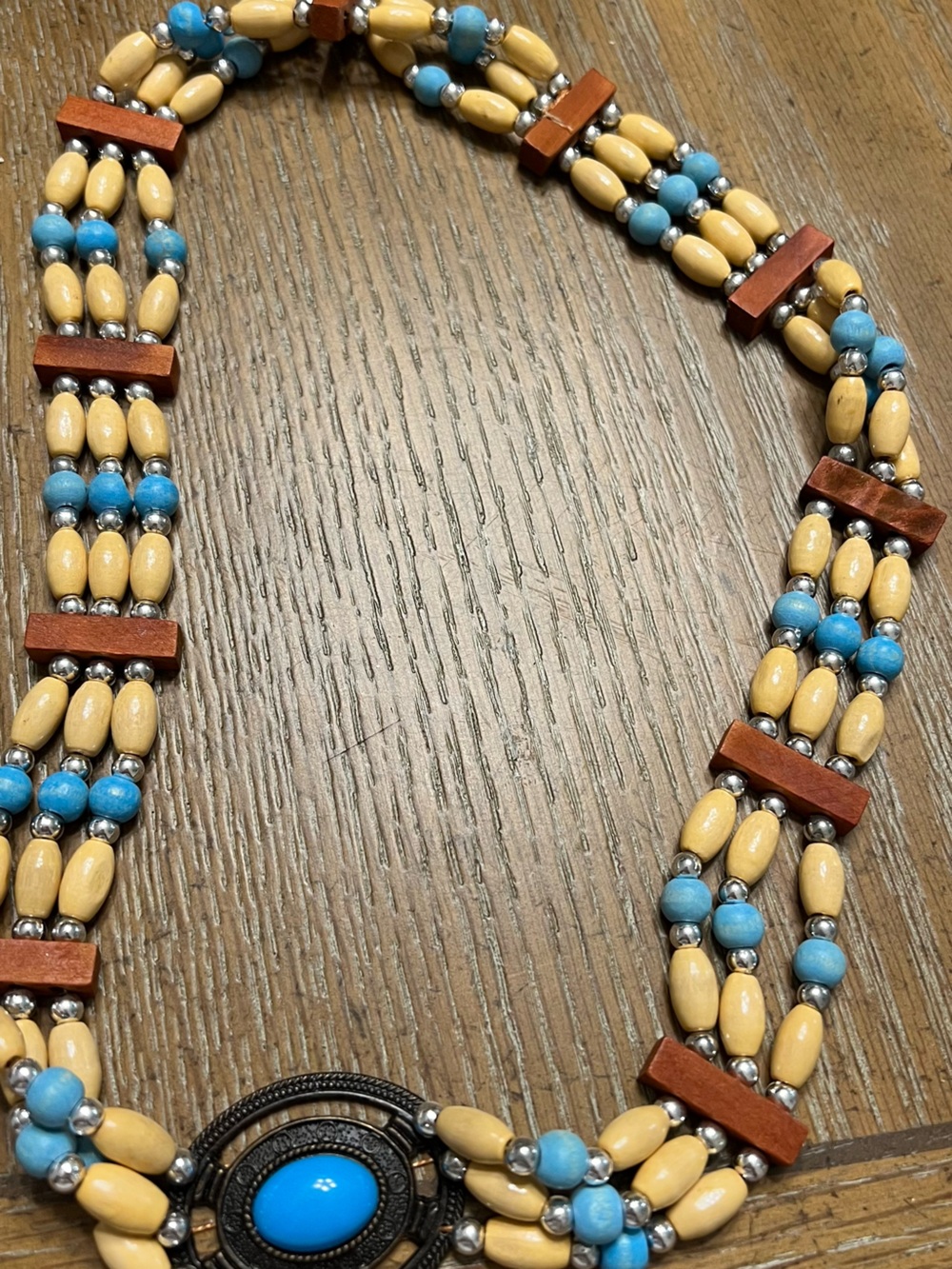 Turquoise & Cream Multi-Strand Beaded Necklace with Brown Accent